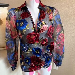 WHBM Organza Sleeve Silk Burnout Blouse, Size XS